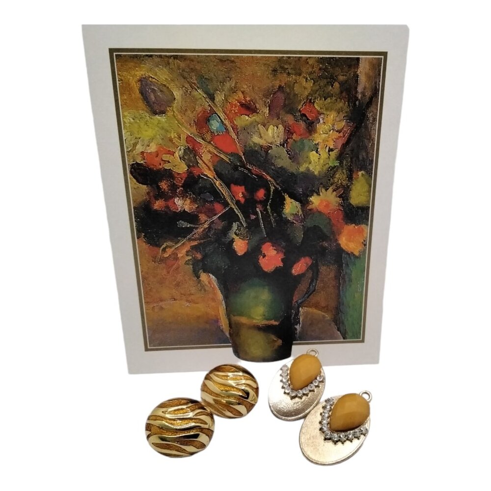 1980s Orange & Gold Pushback Earrings with Steel Posts - 2 Sets Pre Owned